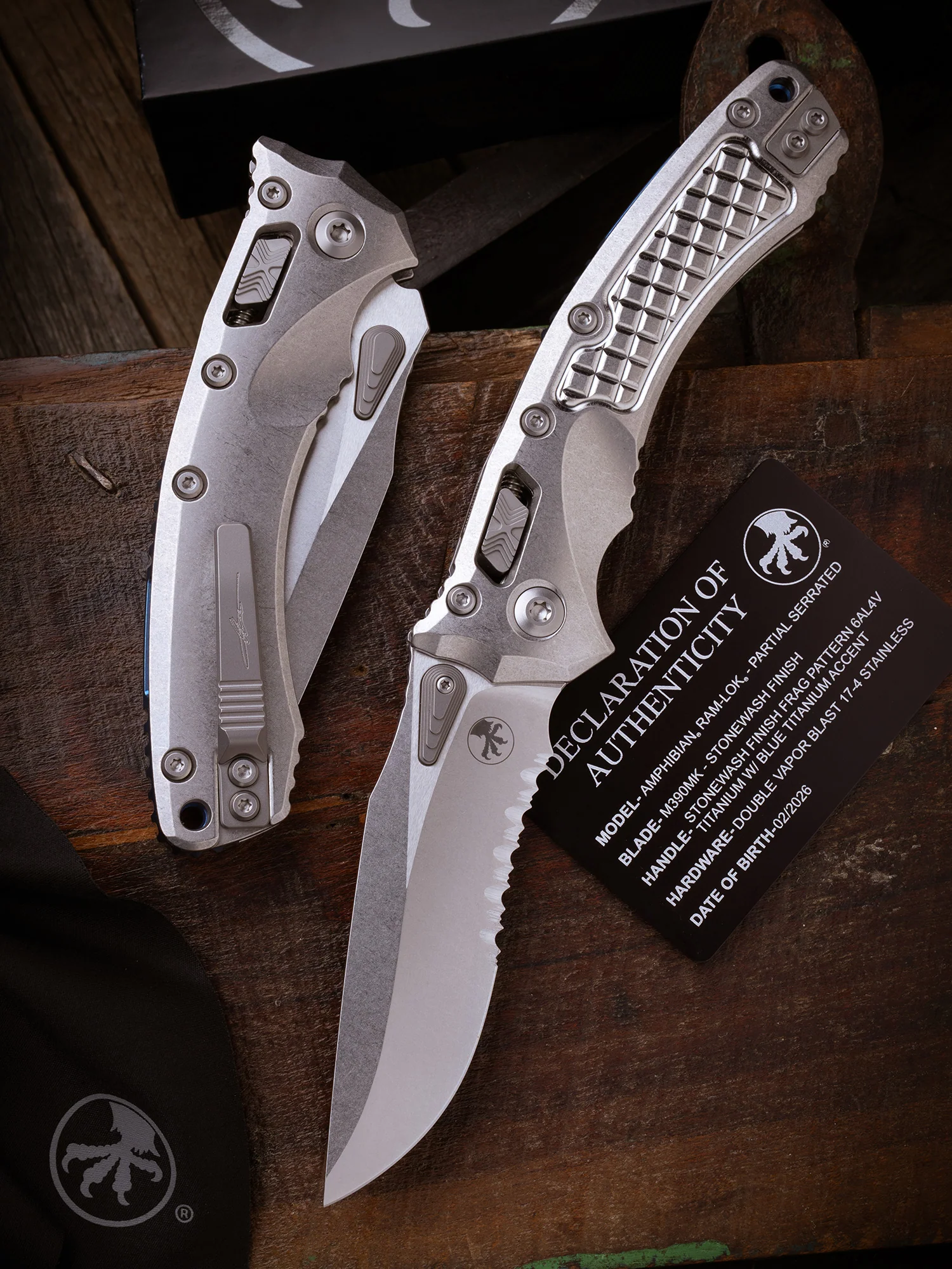 Amphibian® - RAM-LOK™ PARTIAL SERRATED MARFIONE SELECT STONEWASH FINISH STONEWASH FINISH FRAG PATTERN TITANIUM W/BLUE TITANIUM ACCENT DOUBLE VAPOR BLAST STAINLESS (137RL-11FRMS2)