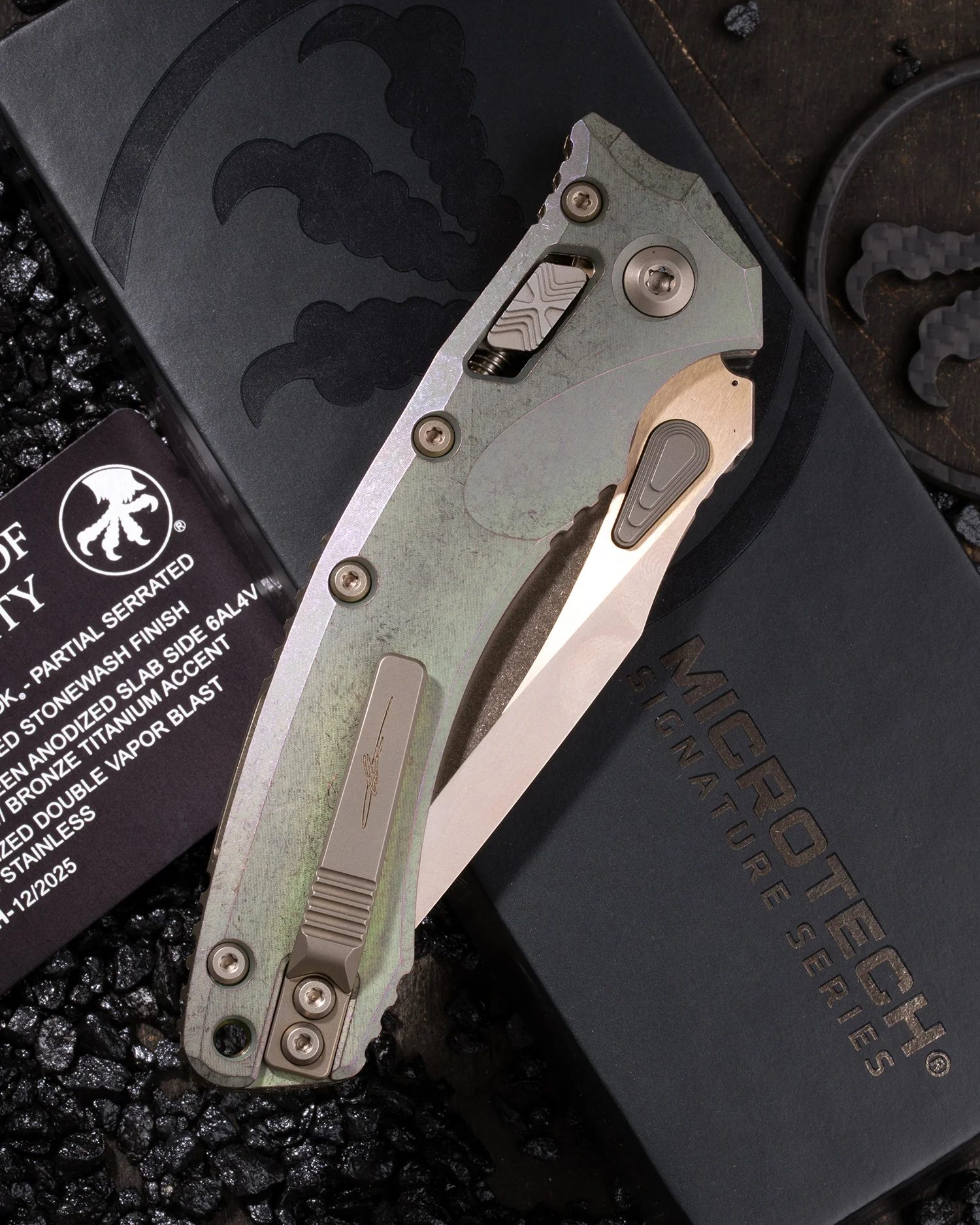 AMPHILBIAN RAM-LOK PARTIAL SERRATED MARFIONE SELECT BRONZED STONEWASH FINISH ANTIQUE GREEN ANODIZED SLAB SIDE TITANIUM W/ BRONZE TITANIUM ACCENT BRONZED DOUBLE VAPOR BLAST STAINLESS - Image 2