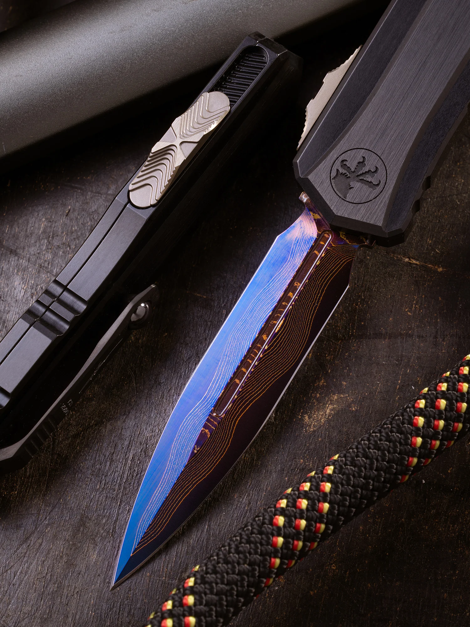 Cypher® II - Double Edge Marfione Select Blued Baker Forge Coppermai Damascus Hefted Alloy Bronzed Hard Cut Hardware & Purple Titanium Accent - Image 2