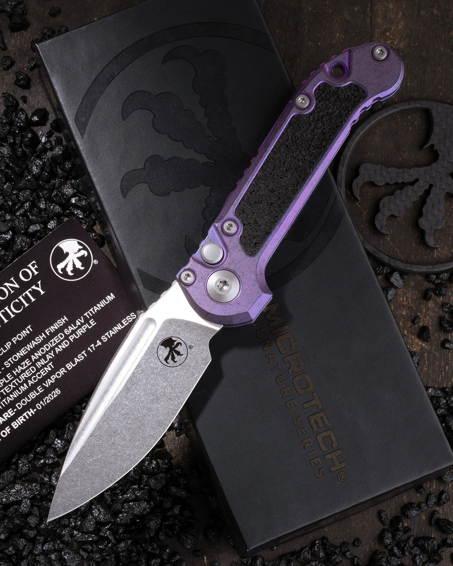 L.U.D.T CLIP POINT MARFIONE SELECT STONEWASH FINISH PURPLE HAZE ANODIZED TITANIUM W/ TEXTURED INLAY AND PURPLE TITANIUM ACCENT DOUBLE VAPOR BLAST STAINLESS