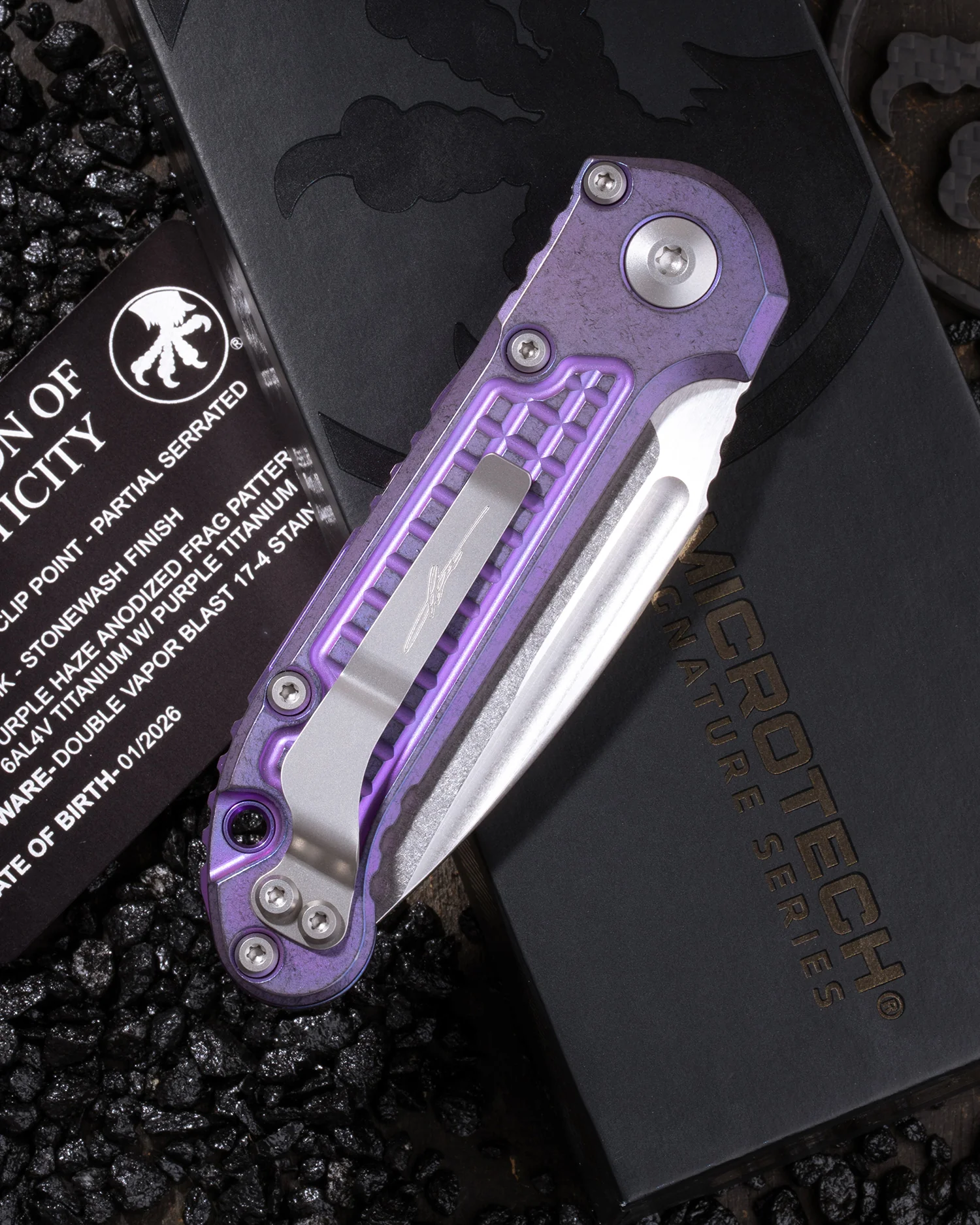 L.U.D.T – CLIP POINT PARTIAL SERRATED MARFIONE SELECT STONEWASH FINISH PURPLE HAZE ANODIZED FRAG PATTERN TITANIUM W/PURPLE TITANIUM ACCENT DOUBLE VAPOR BLAST STAINLESS - Image 2