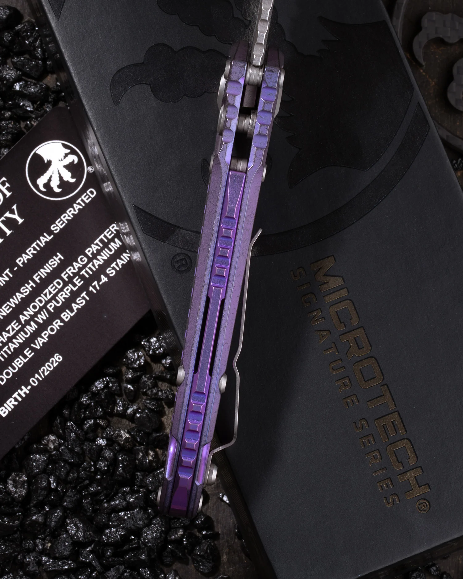 L.U.D.T – CLIP POINT PARTIAL SERRATED MARFIONE SELECT STONEWASH FINISH PURPLE HAZE ANODIZED FRAG PATTERN TITANIUM W/PURPLE TITANIUM ACCENT DOUBLE VAPOR BLAST STAINLESS - Image 3