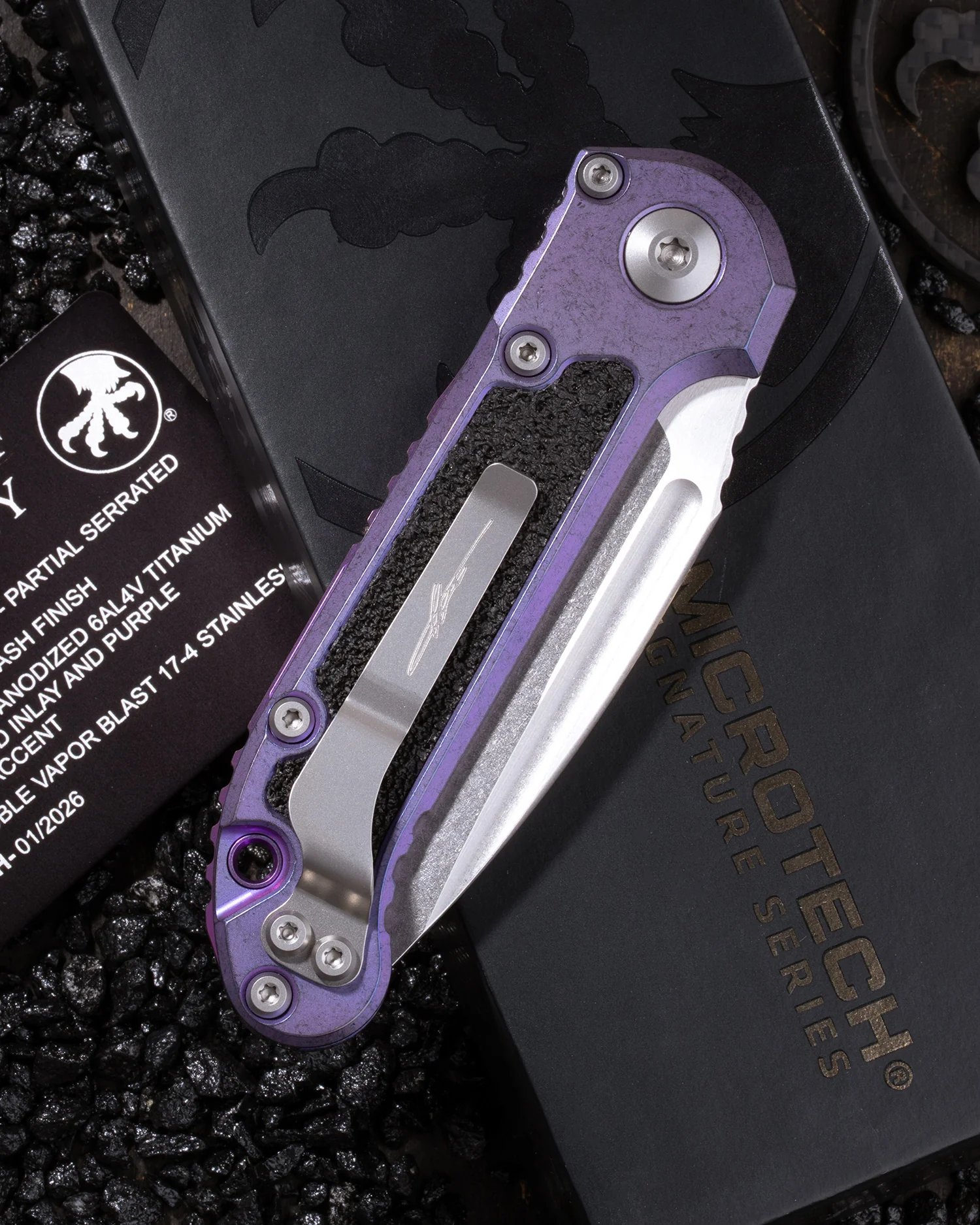 L.U.D.T – CLIP POINT PARTIAL SERRATED MARFIONE SELECT STONEWASH FINISH PURPLE HAZE ANODIZED TITANIUM W/TEXTURED INLAY AND PURPLE TITANIUM ACCENT DOUBLE VAPOR BLAST STAINLESS - Image 2