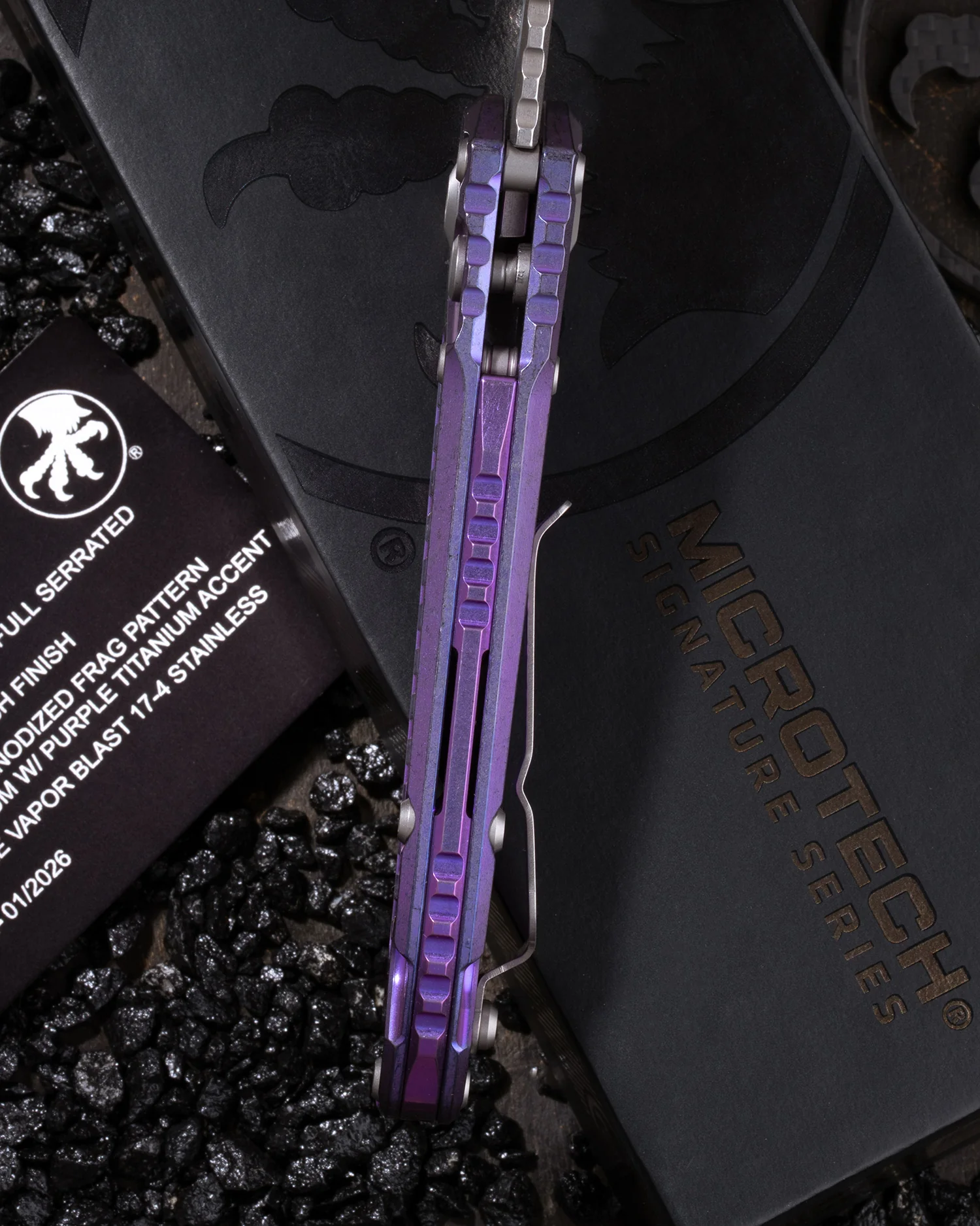 L.U.D.T. – TANTO EDGE FULL SERRATED MARFIONE SELECT STONEWASH FINISH PURPLE HAZE ANODIZED FRAG PATTERN TITANIUM W/PURPLE TITANIUM ACCENT DOUBLE VAPOR BLAST STAINLESS - Image 3