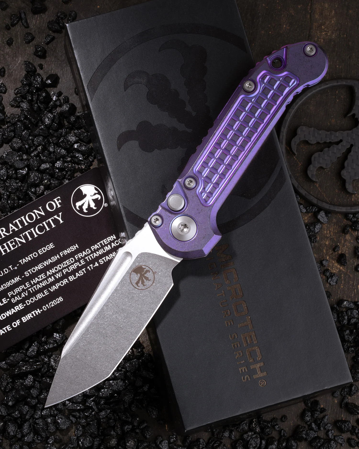 L.U.D.T – TANTO EDGE MARFIONE SELECT STONEWASH FINISH PURPLE HAZE ANODIZED FRAG PATTERN TITANIUM W/PURPLE TITANIUM ACCENT DOUBLE VAPOR BLAST STAINLESS