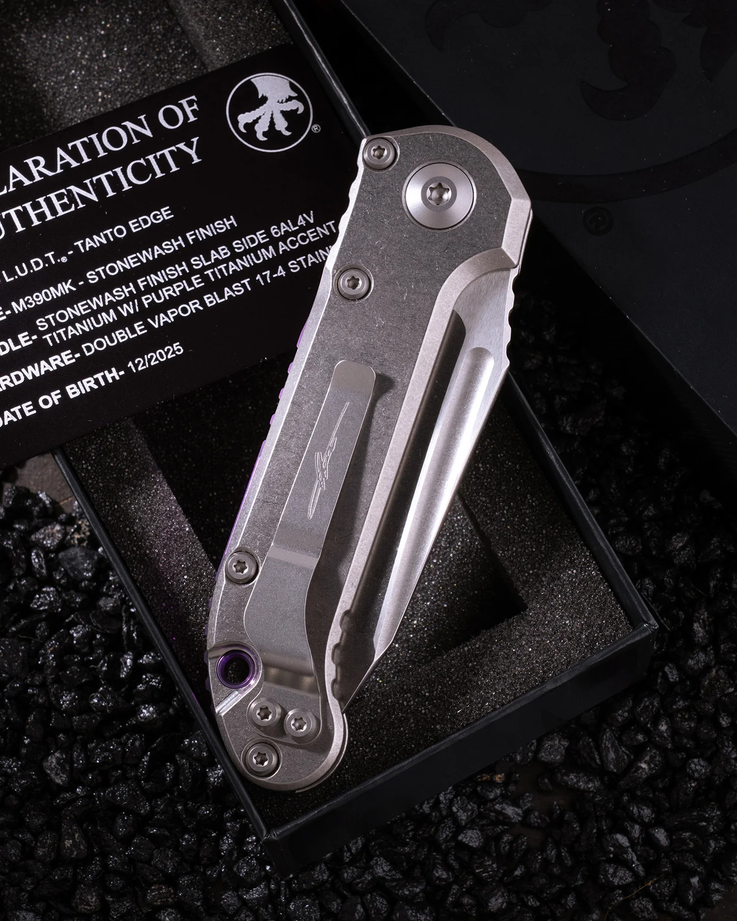 L.U.D.T TANTO EDGE MARFIONE SELECT STONEWASH FINISH STONEWASH FINISH SLAB SIDE TITANIUM W/ PURPLE TITANIUM ACCENT DOUBLE VAPOR BLAST STAINLESS - Image 2