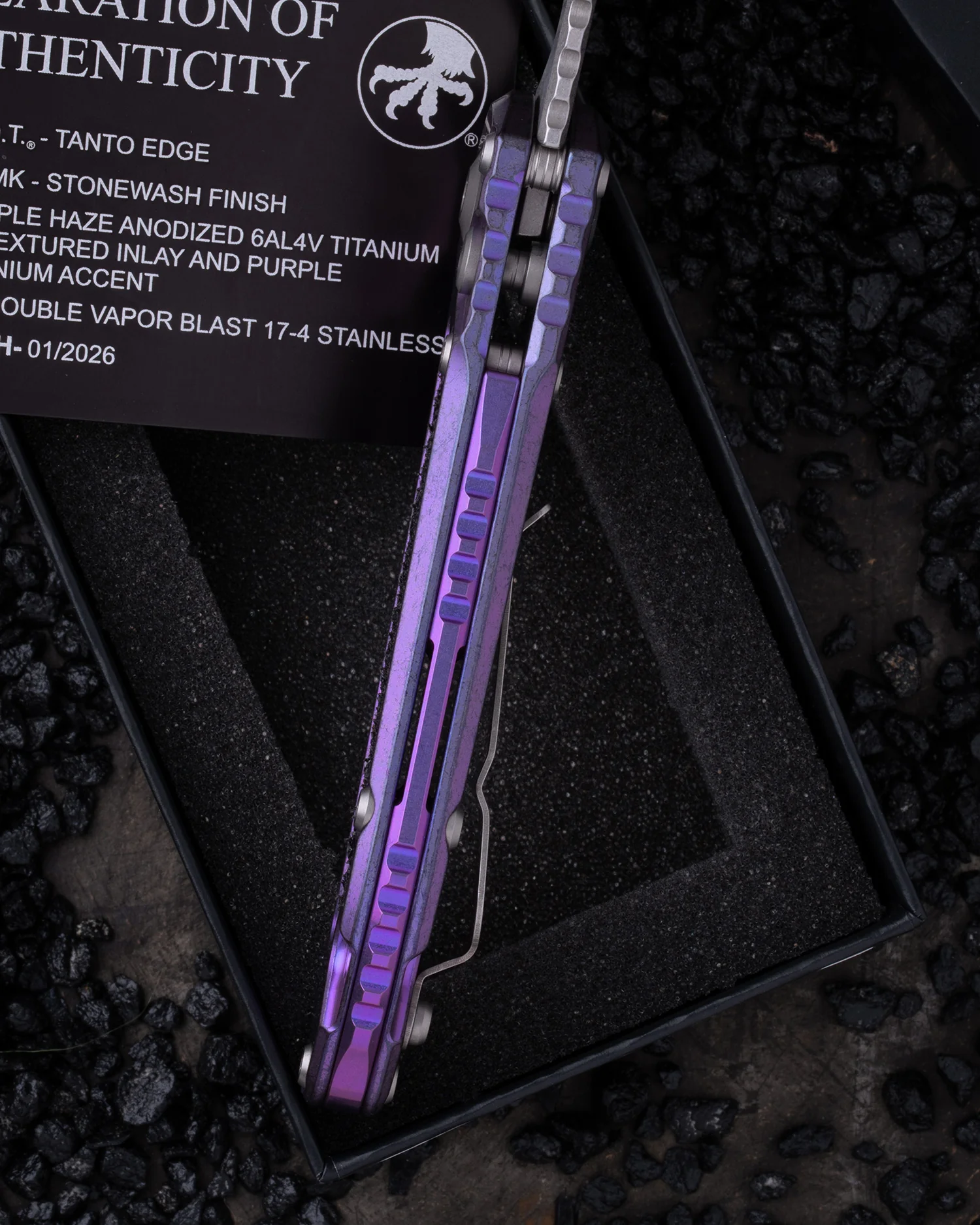 LUDT – TANTO EDGE PARTIAL SERRATED MARFIONE SELECT STONEWASH FINISH PURPLE HAZE ANODIZED TITANIUM W/TEXTURED INLAY AND PURPLE TITANIUM ACCENT DOUBLE VAPOR BLAST STAINLESS (1136-10MS10) - Image 3