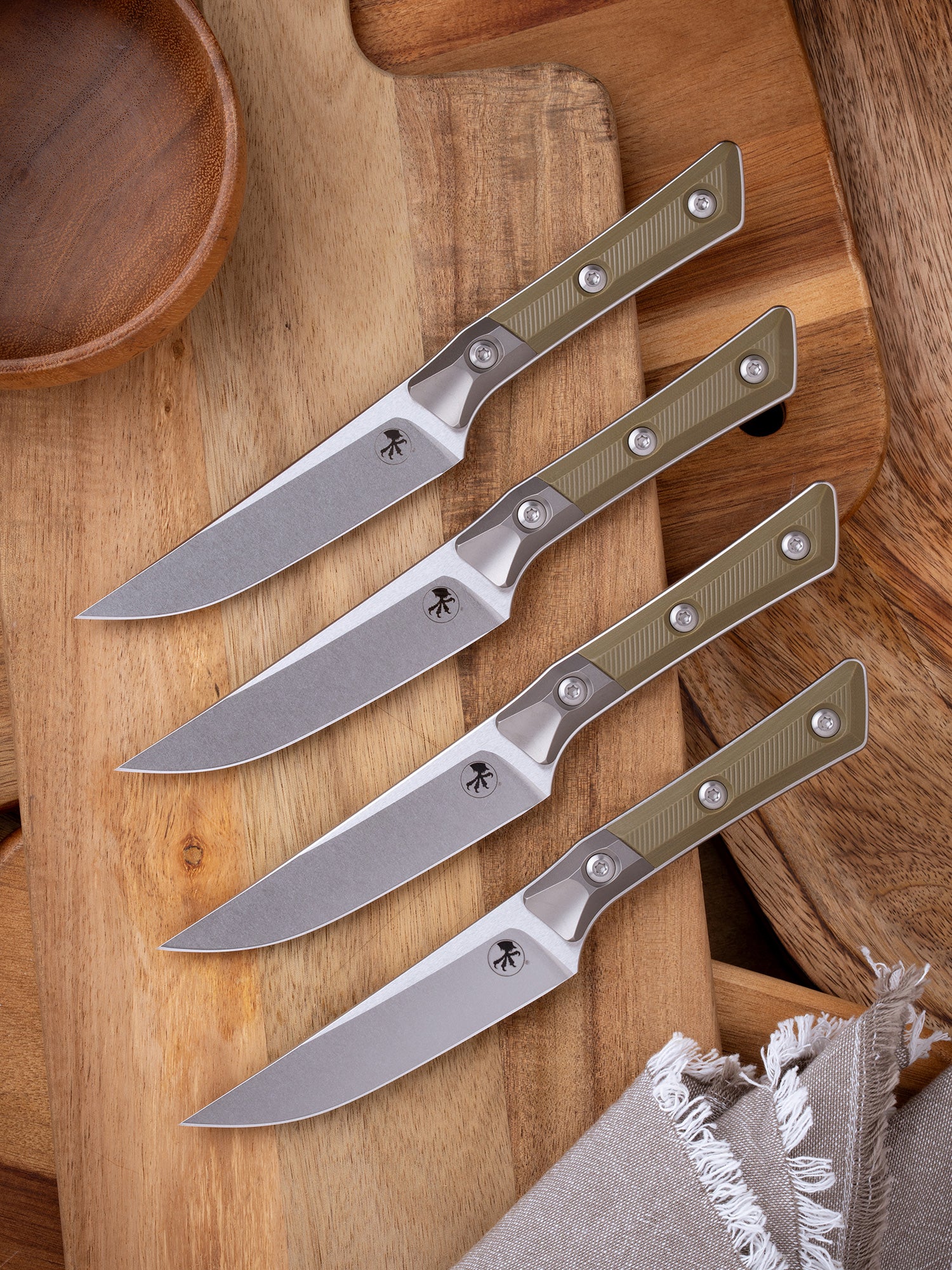 Steak Knife Set (4) Stonewash Standard Titanium Bolster OD Green G-10 (3600B-10SETOD)