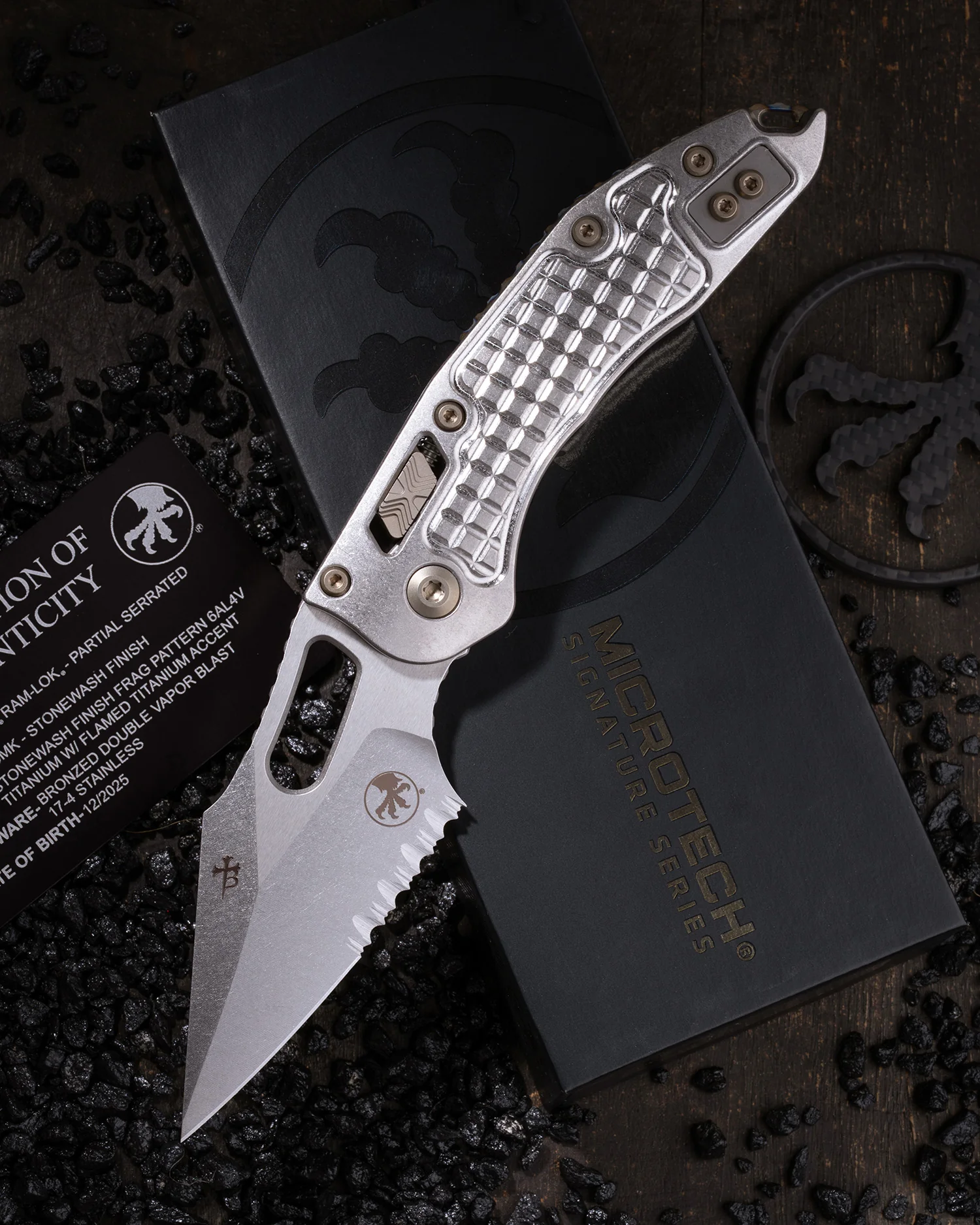 STITCH RAM-LOK PARTIAL SERRATED MARFIONE SELECT STONEWASH FINISH STONEWASH FINISH FRAG PATTERN TITANIUM W/ FLAMED TITANIUM ACCENT BRONZED DOUBLE VAPOR BLAST STIANLESS
